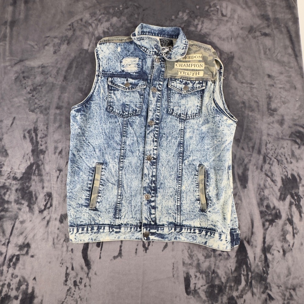 Diamond Stash Denim Vest Mens 3X Blue Acid Wash Camo Freedom Champion Truth
